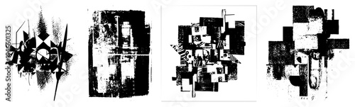 Black and white abstract vector art with fragmented shapes, halftone textures, bold geometry. Modern graphic design for digital/print, dynamic composition, stark contrast.