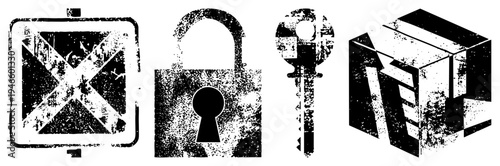 Weathered security symbols including padlock, key, no entry sign, and isometric cube, gritty texture, vector graphic, security theme.