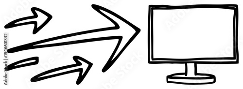 Sketch style arrows directing toward desktop monitor, digital workflow, screen display symbol, interface navigation, vector illustration.