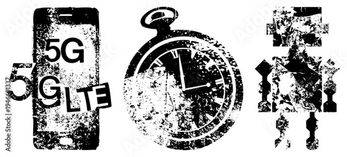 Distressed black and white vector 5G smartphone, analog stopwatch, and pixelated robot. Retro tech symbols with gritty texture. Ideal for digital interfaces or vintage UI design.
