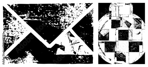 Stylized shapes with distressed texture, angular forms, abstract composition, graphic design element, halftone grain, vector art, modern minimalism.