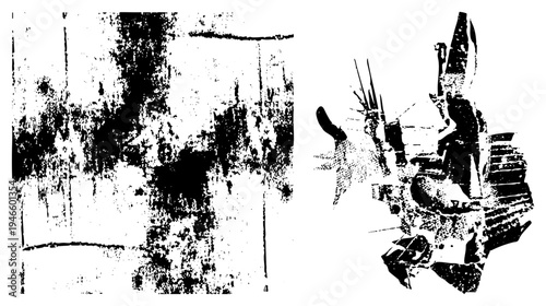 Black and white halftone graphic featuring distressed surface texture and fragmented mechanical shapes, gritty industrial aesthetic, vector art with noise.