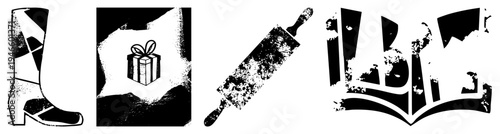 Black and white distressed vector including argyle boot, gift box, rolling pin, and open book, ideal for retro design, packaging, or print.