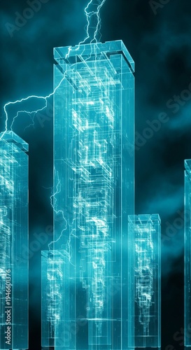 Futuristic Skyscraper Cityscape With Neon Blue Energy And Lightning