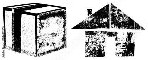 Stylized cube and house rendered in halftone dot, vector art with grainy texture, minimalist graphic design, illustration.