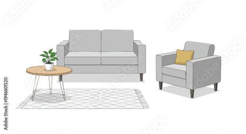 A modern minimalist interior living space featuring comfortable grey furniture, a round wooden table, and a small green plant, creating a tranquil