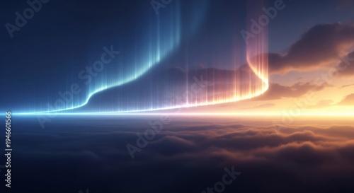 Vibrant Aurora Borealis dances above clouds at sunrise light sky