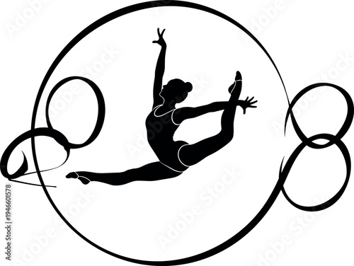 Elegant Silhouette of a Rhythmic Gymnast Performing a Grand Jete Split Leap within an Artistic Circular Ribbon Frame Vector Illustration