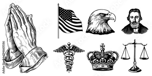 Classic engraved symbols praying hands, American flag, bald eagle, priest, medical caduceus, crown, justice scales. vector art with halftone texture.