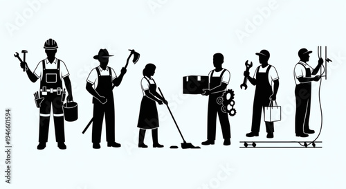 Silhouetted Workers Depicting Various Professions and Occupations.