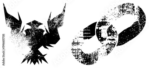 Mythical rising from ashes, eternal loop symbol, distressed vector art, black and white graphic, symbolic rebirth, abstract spiritual motif.