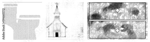 Vector halftone graphics depicting toilet, church silhouette, and abstract textured panels. Stylized dot create form and depth. Isolated foreground elements with alpha channel.