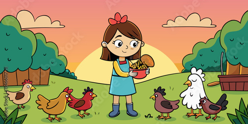 A young girl feeding her chickens a treat at sunset.
