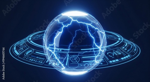 Glowing Blue Orb Energy Sphere With Digital Ring In Dark Background