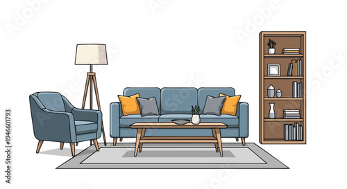 Clean illustration of a modern living room featuring a cozy blue sofa, matching armchair, a sleek floor lamp, and an organized wooden bookshelf on a
