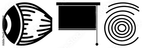 Minimalist black vector symbols stylized eye, projection screen, ripple waves. Graphic design elements, UI, flat style. Ideal for digital interfaces or branding.