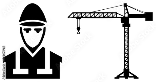 Silhouetted construction worker in hard hat and vest beside tower crane, vector, industrial labor, building site, heavy machinery, site worker, rigging equipment.