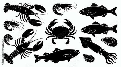 Marine Creatures Silhouette Collection Lobster Crab Fish Shrimp Squid and Seashell