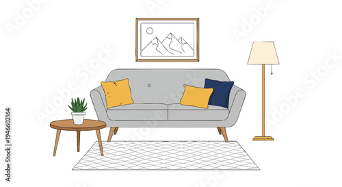 Minimalist living room with grey sofa, colorful cushions, wooden table, plant, lamp, art, rug for modern home design a clean inviting comfy interior