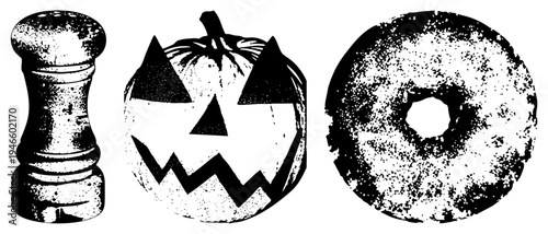 Vintage halftone print of three spooky treats pepper shaker, jack o lantern, and donut, ideal for seasonal decor, Halloween party themes, or retro graphic design projects.