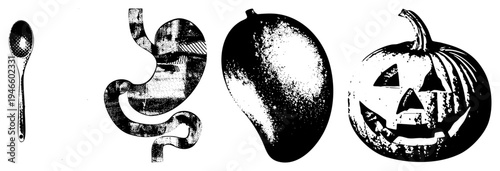 Halftone vector illustrations of pumpkin, mango, stomach, and spoon. Graphic design elements for Halloween, food, or medical themes. Isolated shapes with dot texture.