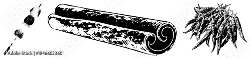 Artistic black ink illustration of spice elements cinnamon bark, dried chilies, and olives on skewer, rustic culinary ingredients, botanical sketch, food seasoning.
