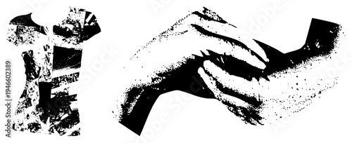 Abstract halftone hands clutching t shirt, fashion apparel, streetwear silhouette, punk graphic tee, urban fashion, black and white vector art.