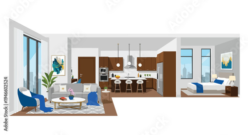 Modern urban apartment interior design showcasing open concept living space with kitchen lounge and bedroom area perfect for contemporary