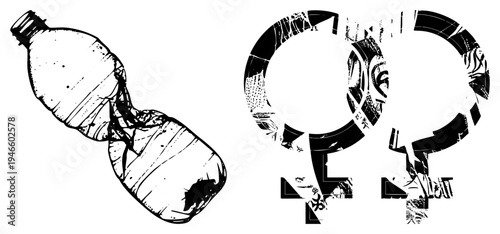 Broken plastic bottle with creased texture, gender symbol with fragmented design, black and white vector art, stencil style, environmental, graphic design element.