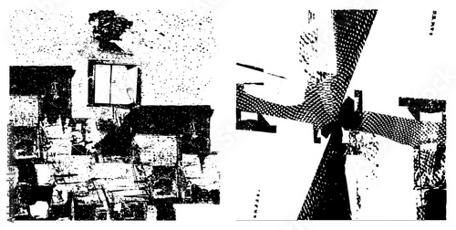 Fragmented architectural shapes rendered in halftone, abstract urban fragments, graphic design elements, vector art, dot matrix texture, stylized cityscape, isolated geometric forms.