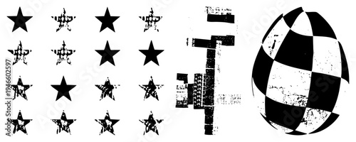 Distressed black and white graphic including stars,, and sphere with checkered, ideal for vintage or urban design projects.