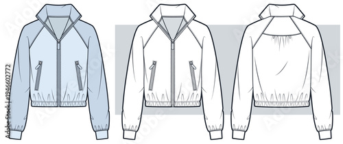 Women Tennis Jacket Fashion Flat Technical Drawing, Athletic Zip Up Sports Jacket CAD Template Front and Back View