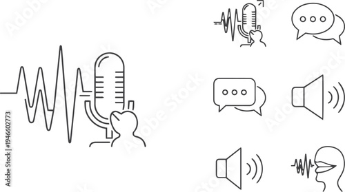 Voice web icons in line style. Sound wave, voice recognition, message, audio, speech, collection. Editable stroke. Vector illustration
