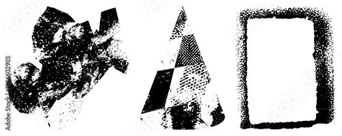 Fragmented polygonal forms with halftone, grunge texture overlay, vector art, graphic design elements, composition.