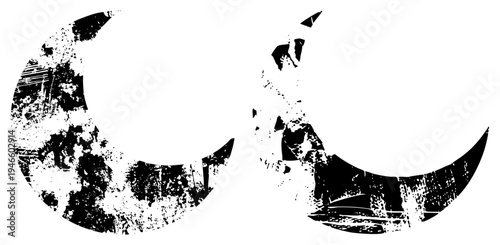 Distressed moon phases, lunar shapes, graphic, abstract celestial design, gritty texture, vector art, isolated symbols.