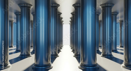 Symmetrical Rows of Polished Silver Corinthian Columns in Bright