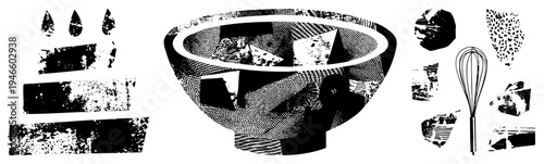 Graphic montage of kitchen implements and food textures rendered in halftone, vector art, isolated elements, culinary design, black and white shapes.