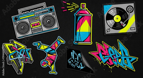 Vibrant Graffiti Art Collection - Boombox, Spray Paint, Breakdancer, and More.