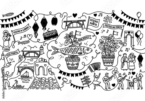 Popular Saints Festival Monoline Background with Sardine and Basil