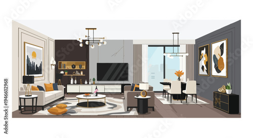 Modern open-plan living and dining interior illustration contemporary furniture abstract art elegant decor sophisticated inviting home design warm