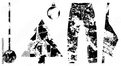 Festive holiday with distressed texture, including ornament and tree, paired with ripped denim jeans, flat vector art, isolated elements.