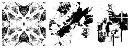 Symmetrical geometric designs with halftone textures, fragmented shapes, abstract composition, vector art, graphic elements, bold contrast.