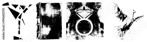 Abstract cocktail silhouette, vintage book cover, engagement ring with gem, soaring in motion, vector set, symbolic, graphic design elements.