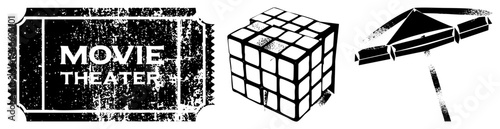 Retro cinema ticket stub, classic puzzle cube, open umbrella graphic, distressed vector, stylized symbols, isolated design elements.