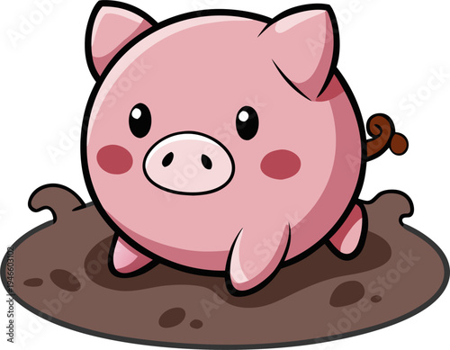 cute vector pig in mud puddle illustration, happy pink pig rolling in brown mud splash, floppy ears, curly tail sticking out, big smile with mud spots on face, flat kawaii style, black thin outline