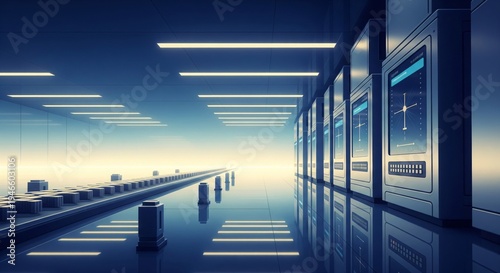 Futuristic Server Room with Glowing Monitors and Reflective Floor