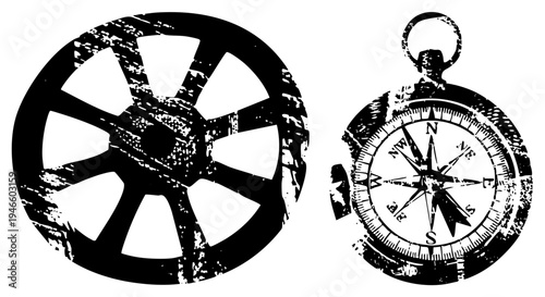 Retro compass with cardinal points and film reel graphic, both in distressed black and white vector style, ideal for travel or cinematic themes.