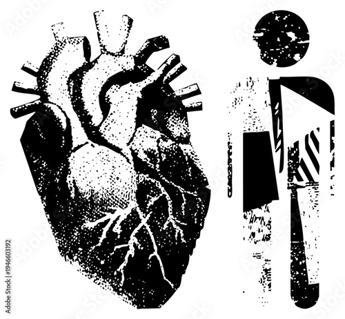 Detailed anatomical heart with visible chambers and vessels, paired with stylized human figure, medical illustration, black and white halftone design.