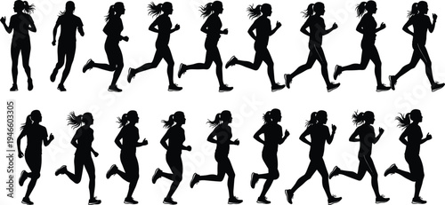 Silhouette Sequence of a Woman Running and Jogging in Motion Frames for Fitness Exercise Health and Athletic Sports Training Vector