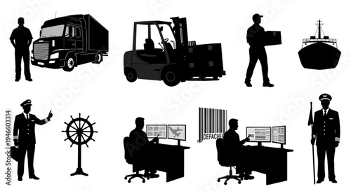 Silhouetted Figures and Transportation Elements Depicting Logistics and Industry.